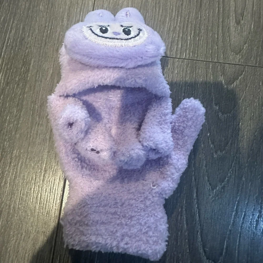 Purple fuzzy bunny kids gloves with mitten cover